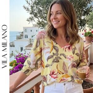 Vila Milano Yellow Floral Sweater Large Dolman Sleeve V-Neck